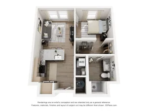 Chic 3D floor plan showcasing a modern 1-bedroom apartment with open kitchen, cozy living area, and sleek bathroom.