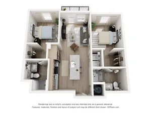 Modern 3D floor plan featuring two bedrooms, an open living area, and a stylish kitchen with a central island.