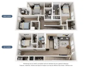 Modern two-level apartment floor plan featuring three spacious bedrooms, an open-concept kitchen with a stylish living area, chic bathrooms, and ample closet space, perfect for comfortable living.