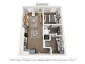 Modern 3D floor plan featuring a spacious 1 bedroom apartment with an elegant open-concept living area and a stylish kitchen.