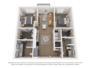 Modern 3D floor plan showcasing two spacious bedrooms, a cozy open-concept living area, and a sleek kitchen, perfect for stylish city living.