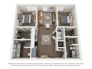 Modern 3D floor plan showing 2 bedrooms, a cozy living room, stylish kitchen, and 2 elegant bathrooms, designed for optimal comfort and functionality.