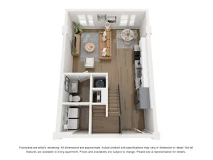 Chic 3D floor plan displaying an open-concept living area with stylish furnishing, modern kitchen, and compact bathroom layout.