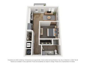 Modern 3D floor plan featuring one-bedroom, open living area, sleek kitchen, and compact bathroom with washer/dryer.