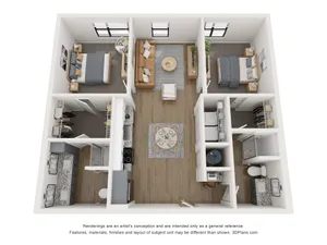 Modern 3D floor plan showcasing 2 bedrooms, a cozy living room, and a sleek kitchen, perfect for stylish urban living.