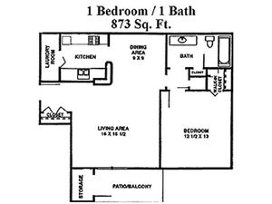 Modern 1 bedroom floor plan with spacious living area, functional kitchen, and private patio in 873 sq. ft.