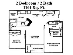 Spacious 2D floor plan featuring 2 bedrooms, 2 baths, 1101 sq ft, with a modern kitchen, dining area, laundry room, and a patio/balcony.