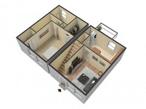 Modern 3D floor plan showcasing a cozy living room, spacious bedroom with walk-in closet, and a stylish hallway connecting to an inviting entryway.