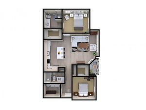 Chic 2D floor plan of a 3-bedroom apartment with a spacious living room and modern kitchen.