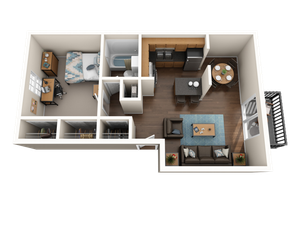 Chic 3D floor plan featuring 1 bedroom with a study area, modern kitchen with island, cozy living room, and elegant dining area, all with contemporary decor.