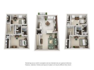 Charming 3D floor plan showcasing a three-level townhouse with 3 bedrooms, spacious living room, cozy kitchen, and elegant bathrooms.
