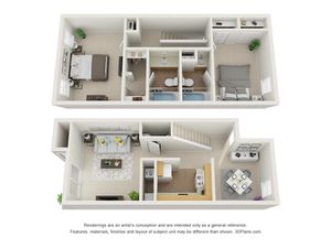 Modern two-story apartment floor plan with two bedrooms, a spacious living room, and a cozy dining area highlighted by stylish decor and abundant natural light.