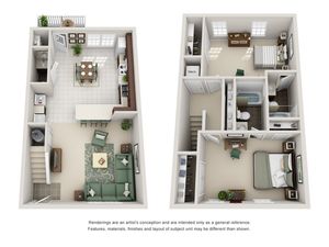 Contemporary 2-story floor plan with a cozy living room, modern kitchen with breakfast bar, dining area, and two spacious bedrooms.