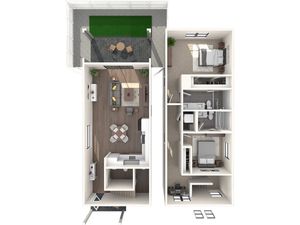 Modern apartment floor plan featuring two bedrooms, open living area with stylish decor, and a charming outdoor patio.