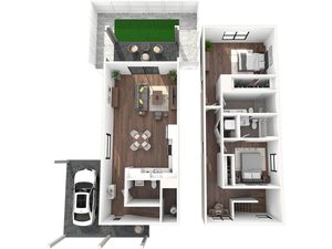 Modern 3D floor plan with 2 bedrooms, open living-dining area, patio, and garage space, ideal for comfortable living.