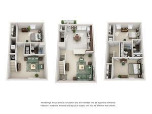 Modern 3D floor plan showcasing a stylish three-bedroom townhouse with a cozy living area, open kitchen, and well-designed bathroom layout.