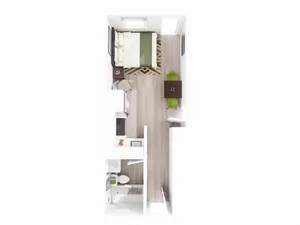 Charming studio apartment floor plan featuring a cozy sleeping area, modern kitchen, compact dining space, and sleek bathroom.