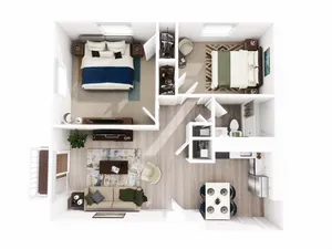 Modern 2D floor plan highlighting 2 cozy bedrooms, a stylish open-concept living area, elegant kitchen, and a bright dining space.