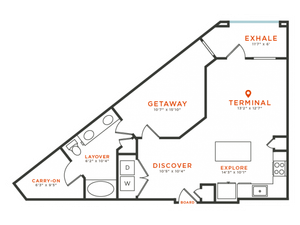1 bedroom 1 bath with dining area, private patio, kitchen island, walk-in closet and 807 square feet