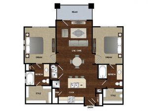 Two bedroom, two bath, kitchen , pantry, coat closet, living room, dinning room, two walk in closets, linen closet and patio.