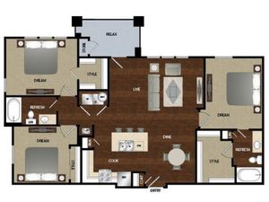 Three bedroom, two bath, Kitchen , dinning room, living room, laundry room, patio with storage, two walk in closets, one sliding closet.