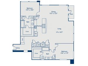 B5 two bed, two bath with dining room, open concept kitchen with island, large closets and patio