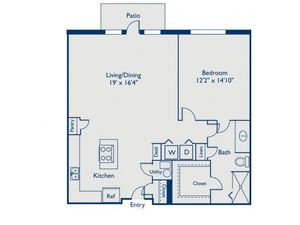 A4 one bed, one bath with open concept kitchen, island, large closet and patio