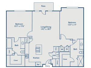 B1 two bed, two bath with large kitchen, island and patio