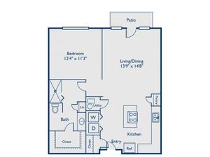 A1 one bed, one bath with open concept kitchen, island and patio