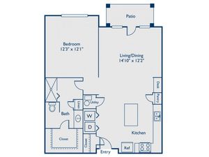 A2 one bed, one bath with open concept kitchen, island, large closet and patio