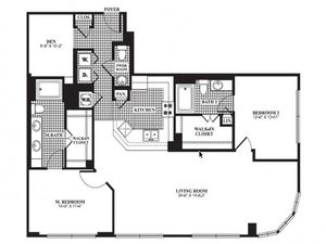 Two bedroom, one den, two bath, kitchen , pantry, coat closet, living room,two walk in closets, linen closet and patio and laundry room.
