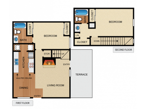 Two story apartment home with 2 bedrooms, 2 bathrooms, kitchen with vaulted ceiling, living room and fireplace, dining space, 3 closets, utility closet, storage closet, and private terrace