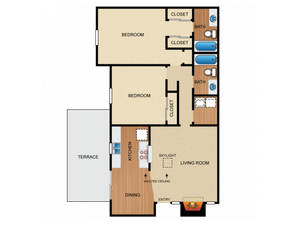 Apartment home with 2 bedrooms, 2 bathrooms, kitchen with vaulted ceiling, living room with skylight and fireplace, dining space, 3 closets, and private terrace