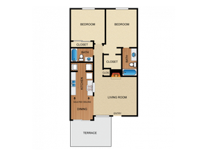 Apartment home with 2 bedrooms, 2 bathrooms, kitchen with vaulted ceiling, living room and fireplace, dining space, 2 bedroom closets, utility closet, coat closet, and private terrace