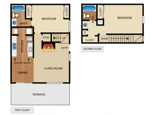 Two story apartment home with 2 bedrooms, 2 bathrooms, kitchen with vaulted ceiling, living room and fireplace, dining space, 3 closets, utility closet, storage closet, and private terrace