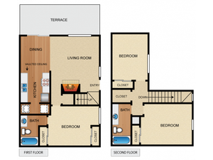 Two story apartment home with 3 bedrooms, 2 bathrooms, kitchen with vaulted ceiling, living room and fireplace, dining space, 4 closets, utility closet, storage/coat closet, and private terrace