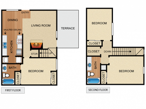 Two story apartment home with 3 bedrooms, 2 bathrooms, kitchen with vaulted ceiling, living room and fireplace, dining space, 4 closets, utility closet, storage/coat closet, and private terrace