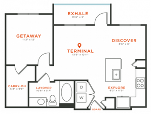 1 bedroom 1 bath with dining area, kitchen island, private patio and 718 square feet