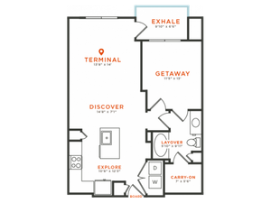 1 bedroom 1 bath with dining area, private patio, kitchen island, walk-in closet and 837 square feet