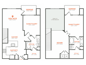 2 bedroom 2 bath two-story townhome apartment with dining area, walk-in closets, private patios and 1425 square feet