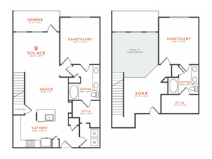 2 bedroom 2 bath two-story townhome apartment with kitchen island, dining area, walk-in closets, private patio and 1621 square feet