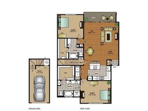 Two bedroom, two bathroom townhome with attached garage,kitchen, pantry, coat closet, living room, dining room, two walk in closets, linen closet and patio and laundry room