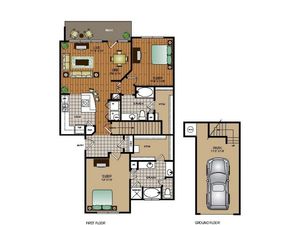 Two bedroom, two bathroom townhome with attached garage,kitchen, pantry, coat closet, living room, dining room, two walk in closets, linen closet and patio and laundry room
