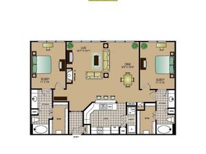 Two bedroom, two bath, kitchen, pantry, coat closet, living room, dining room, two walk in closets, linen closet and patio and laundry room