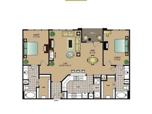 Two bedroom, two bath, kitchen, pantry, coat closet, living room, dining room, two walk in closets, linen closet and patio and laundry room