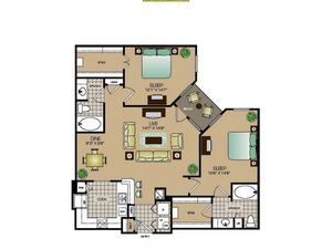 Two bedroom, two bath, kitchen, pantry, coat closet, living room, dining room, two walk in closets, linen closet and patio and laundry room