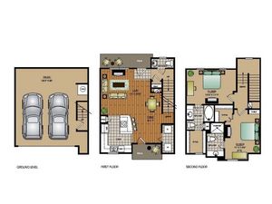 Two bedroom, two and a half bathroom townhome with attached garage, kitchen, pantry, coat closet, living room, dining room, two walk in closets, linen closet and patio and laundry room