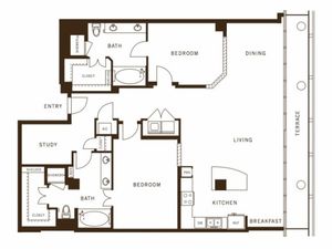 Two bedroom, two bathroom, terrace, living room, dining room, kitchen, two walk in closet, laundry room, utility closet, coat closet, and pantry. 1713 square feet B6 floor plan.