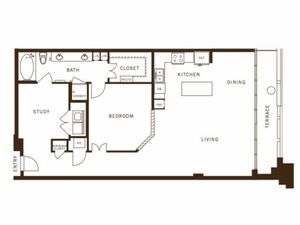 One bedroom, one bathroom, kitchen, living room, pantry , coat closet, walk in closet, laundry room, utility room, one study, and patio.