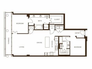 Two bedroom, two bathroom, terrace, living room, dining room, kitchen, two walk in closet, laundry room, utility closet, coat closet, and pantry. 1406 square feet B2 floor plan.